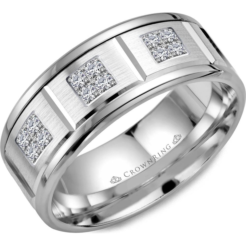 CrownRing Men's Wedding Band - 14K White Gold with Sandpaper Center and Round Diamond Stations- 0.17 Carat Total Diamond Weight - 8mm Width from the Diamond Collection