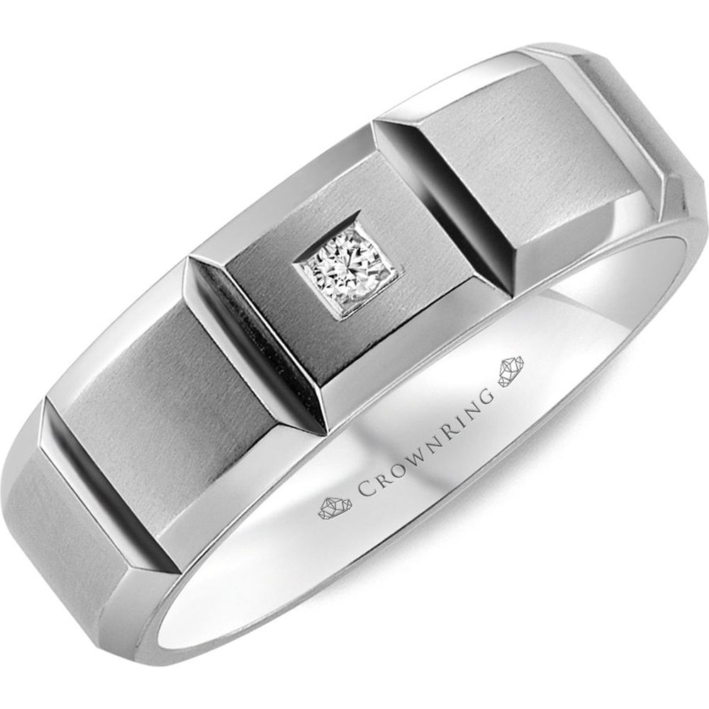 CrownRing Men's Wedding Band - 14K White Gold with Sandpaper Top, High Polish Bevels, and 0.05 Carat Round Diamond - Size 10 - 7mm Width from the Diamond Collection