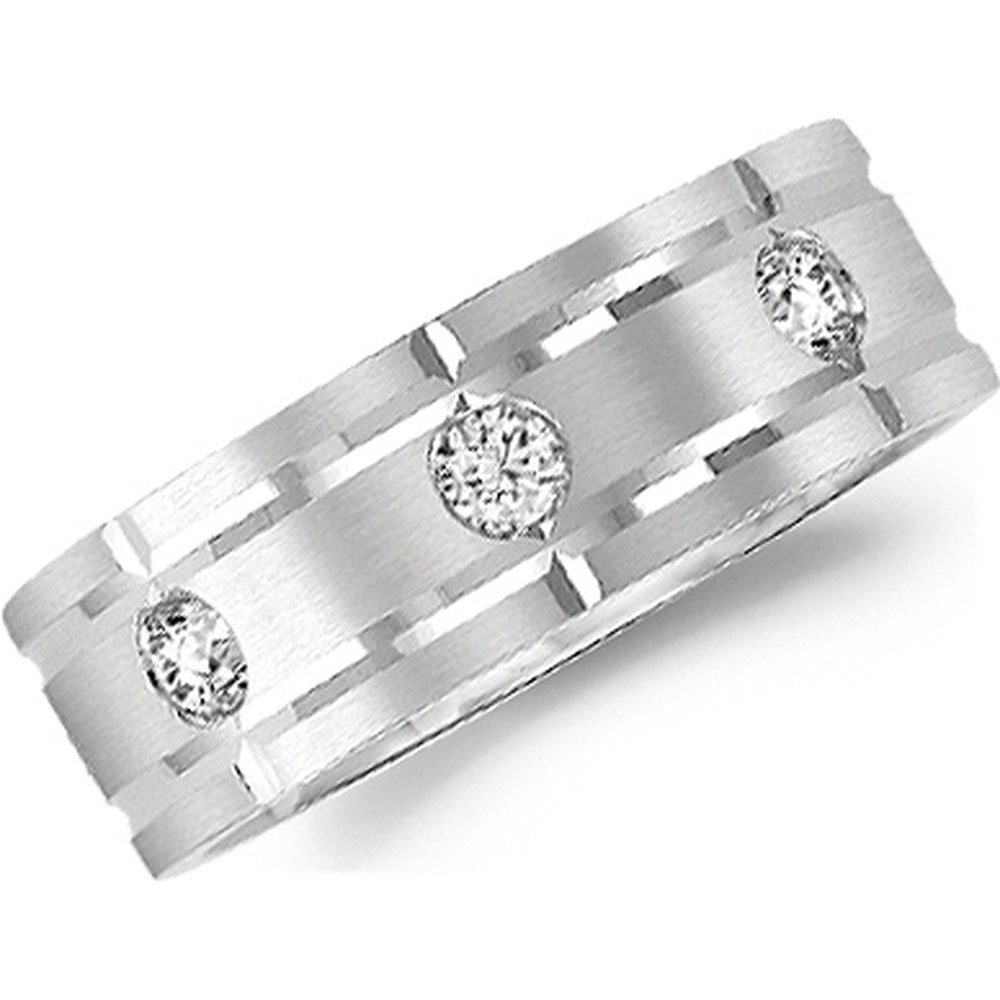CrownRing Men's Wedding Band - 14K White Gold with Sandpaper Top, High Polish Grooves, and Three Round Diamonds - 0.21 Carat Total Diamond Weight - 8mm Width from the Diamond Collection