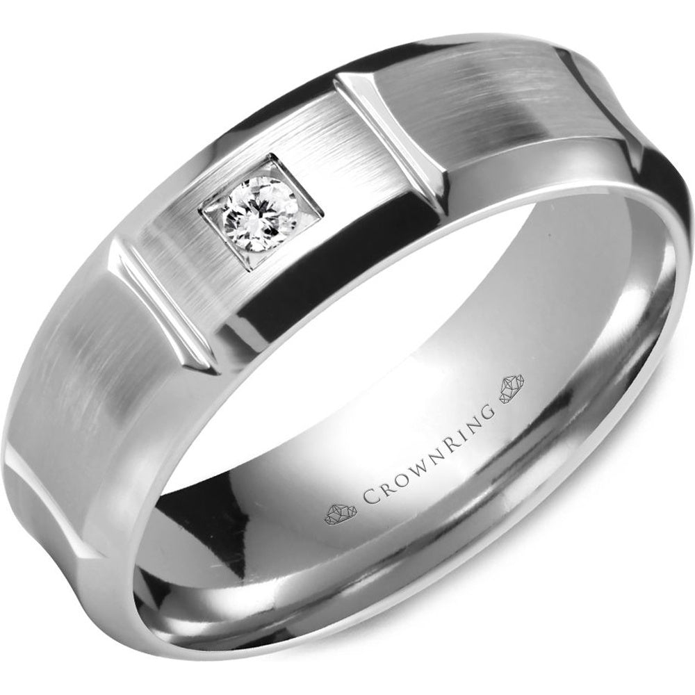 CrownRing Men's Wedding Band - 14K White Gold with Square-Set Round Diamond - 0.05 Carat Total Diamond Weight - 7mm Width from the Diamond Collection
