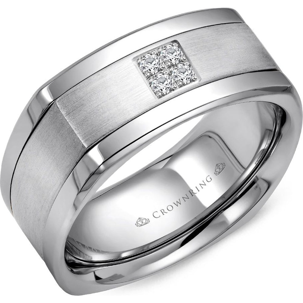 CrownRing Men's Wedding Band - 14K White Gold with Square-Set Round Diamonds and Sandpaper Finish- 0.07 Carat Total Diamond Weight - 9mm Width from the Diamond Collection