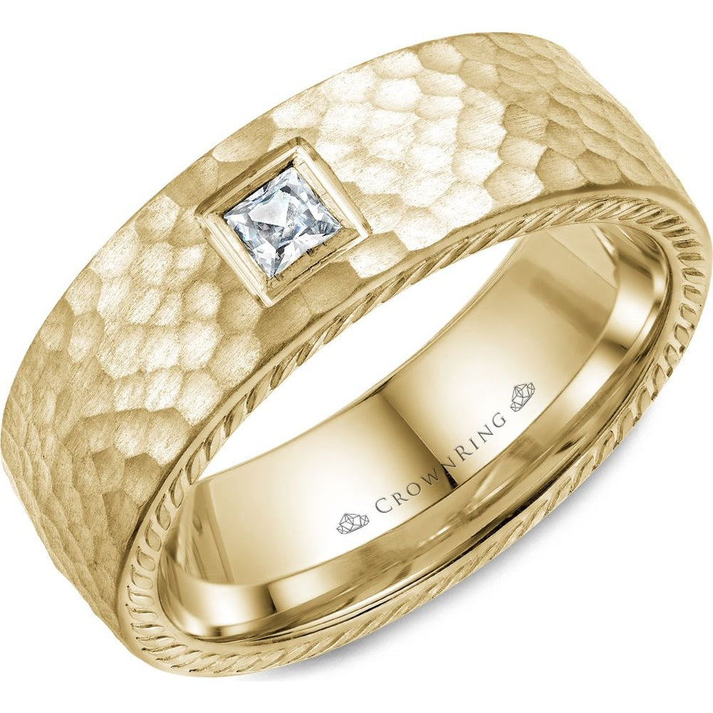 CrownRing Men's Wedding Band - 14K Yellow Gold Hammered with Bezel-Set Princess Cut Diamond - 0.15 Carat Total Diamond Weight - 8mm Width from the Diamond Collection
