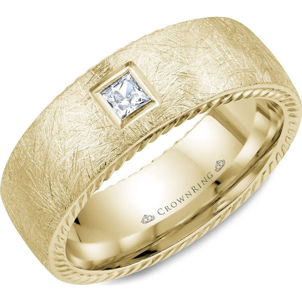 CrownRing Men's Wedding Band - 14K Yellow Gold Rope Collection with Bezel-Set Princess Cut Diamond - 0.15 Carat Total Diamond Weight - 8mm Width from the Diamond Collection