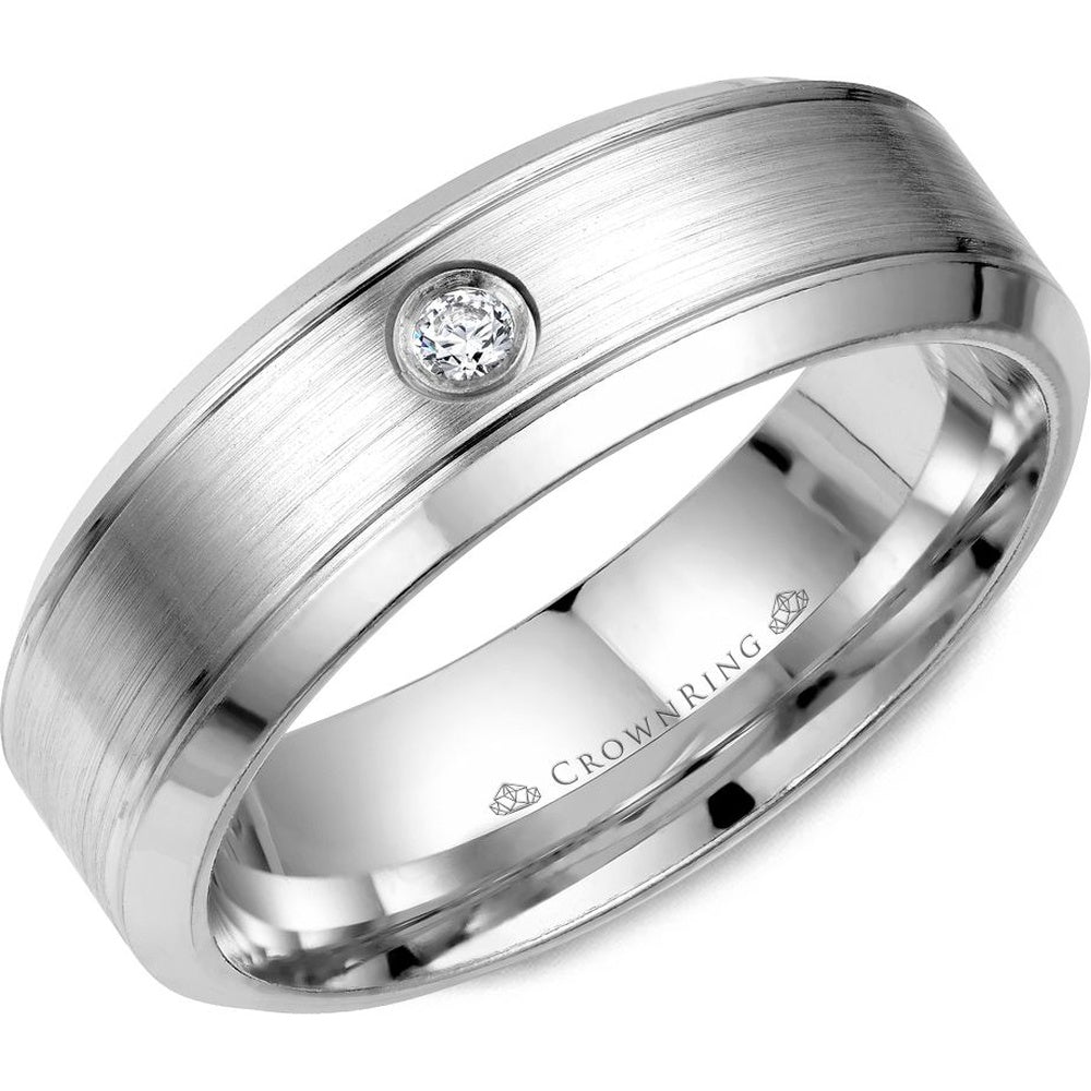 CrownRing Men's Wedding Band - 14K Yellow Gold with Bezel-Set Round Diamond and Brushed Center- 0.04 Carat Total Diamond Weight - 7mm Width from the Diamond Collection