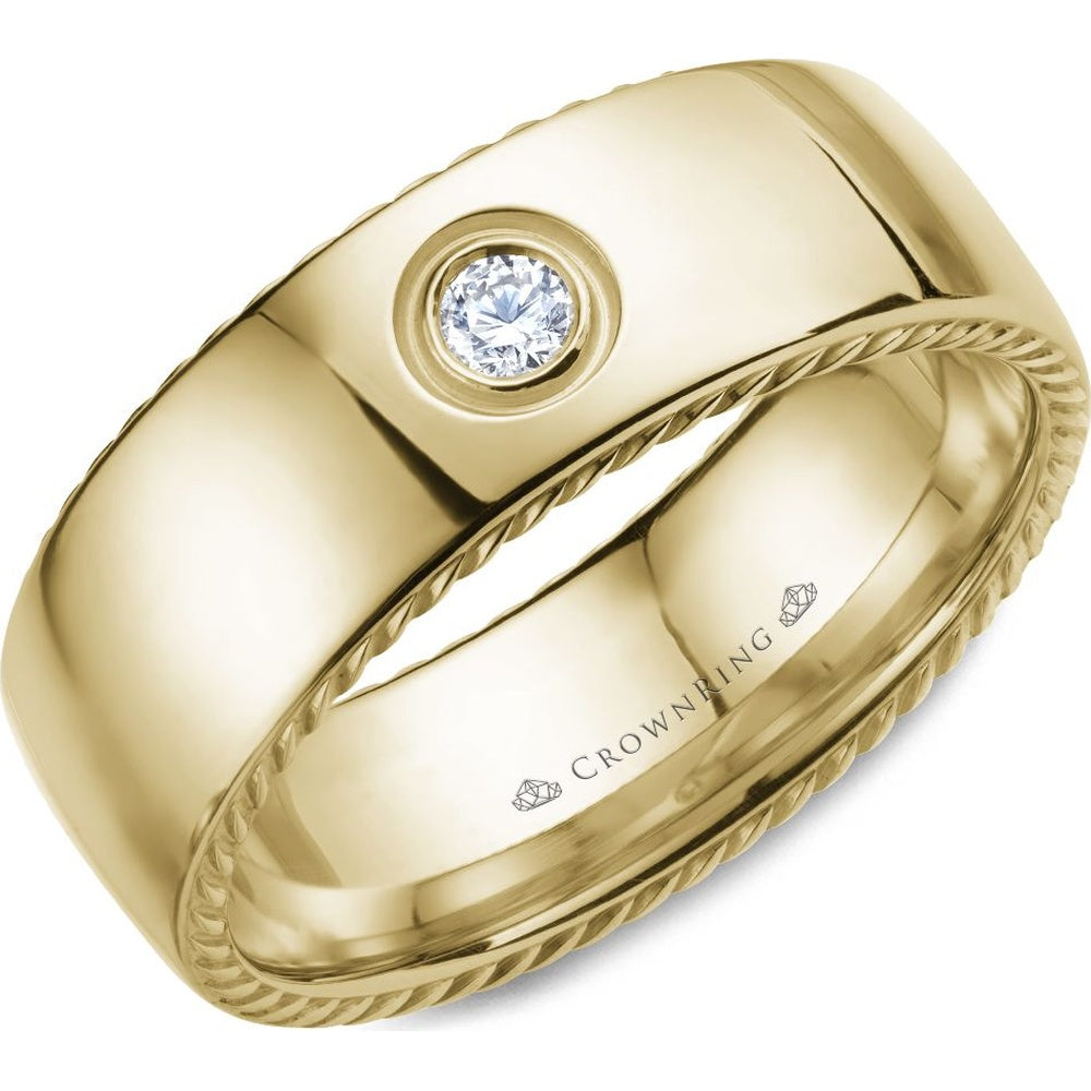 CrownRing Men's Wedding Band - 14K Yellow Gold with Bezel-Set Round Diamond and Rope Edge Detail- 0.1 Carat Total Diamond Weight - 8mm Width from the Diamond Collection