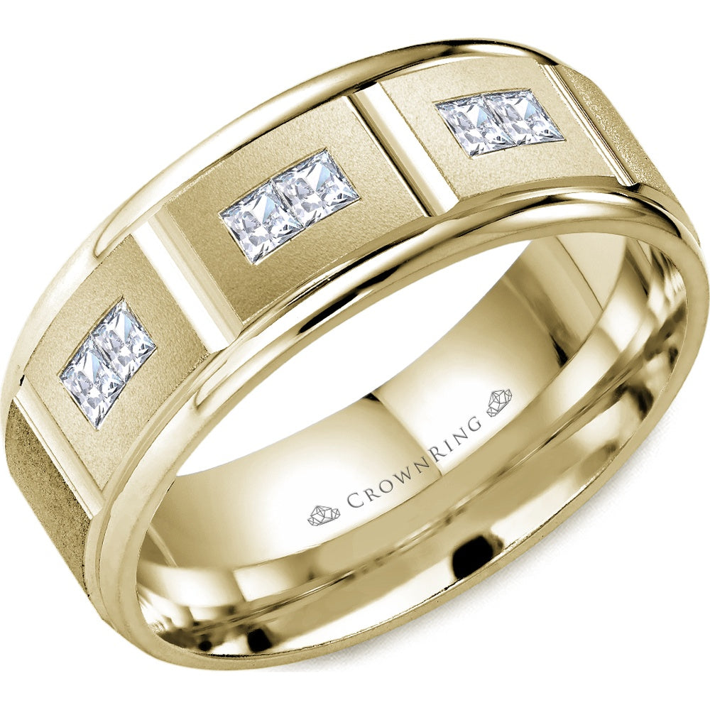 CrownRing Men's Wedding Band - 14K Yellow Gold with Princess Cut Diamond Stations and Sandblast Finish- 0.06 Carat Total Diamond Weight - 8mm Width from the Diamond Collection