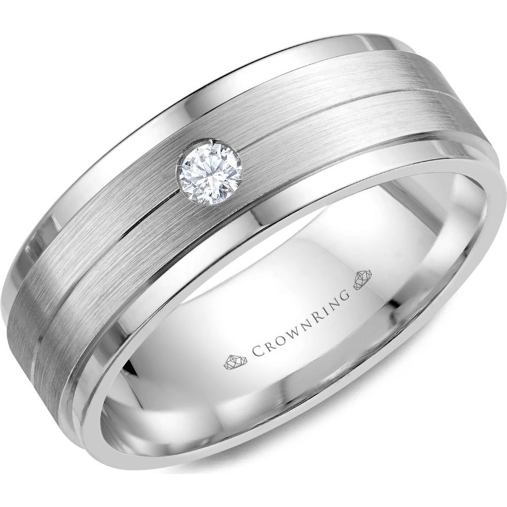CrownRing Men's Wedding Band - 14K Yellow Gold with Sandpaper Finish and Flush-Set Round Diamond - 0.1 Carat Total Diamond Weight - 8mm Width from the Diamond Collection