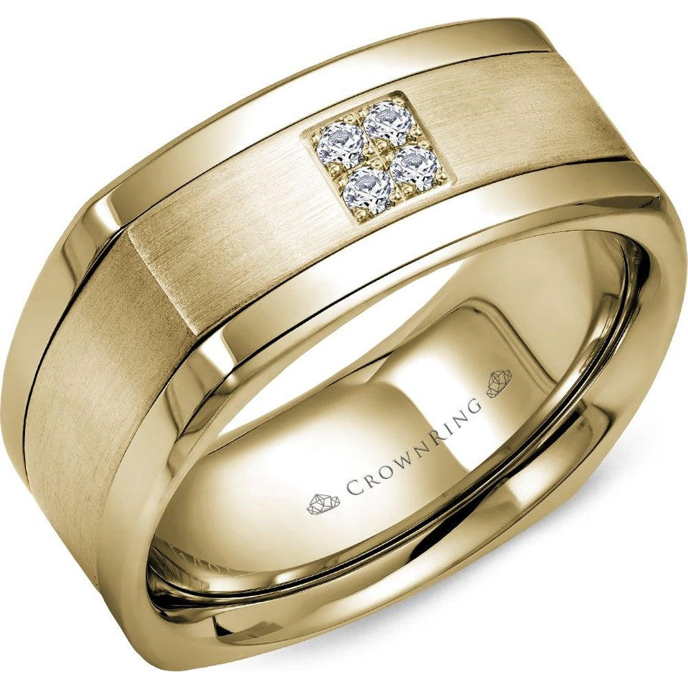 CrownRing Men's Wedding Band - 14K Yellow Gold with Square-Set Round Diamonds and Sandpaper Center- 0.07 Carat Total Diamond Weight - 9mm Width from the Diamond Collection