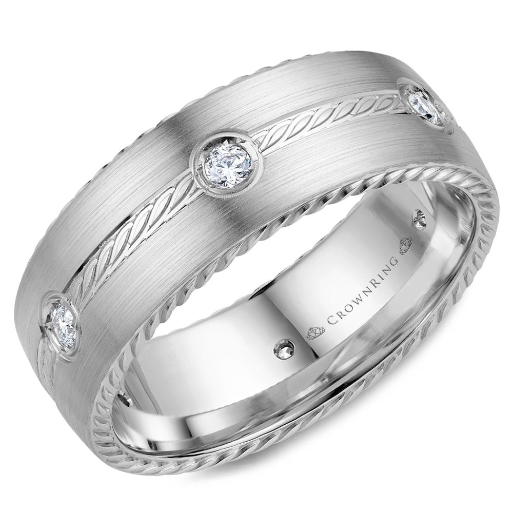 CrownRing Men's Wedding Band - 18K White Gold with Rope Motif and Bezel Set Round Diamonds - 0.23 Carat Total Diamond Weight - 8mm Width from the Diamond Collection