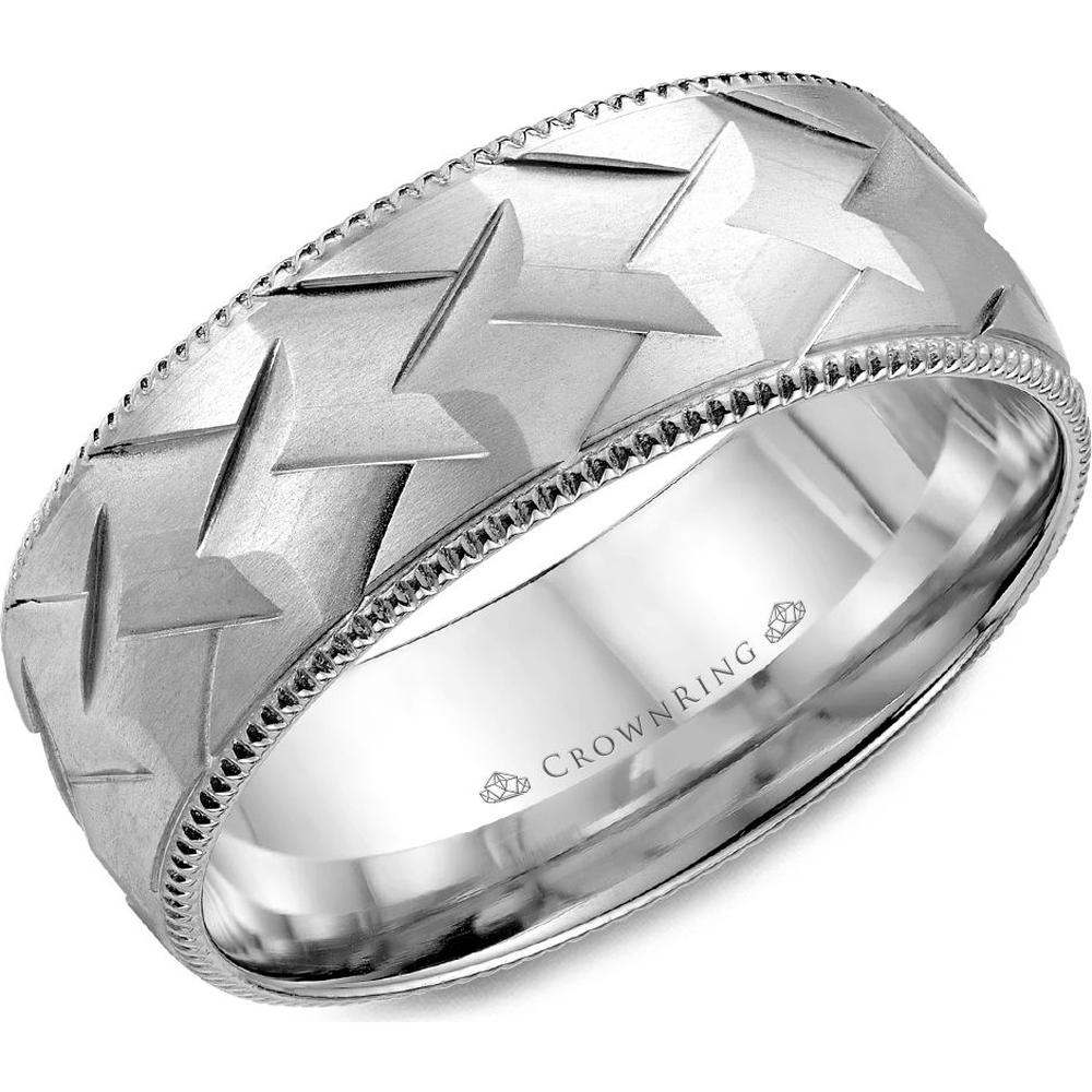 CrownRing Men's Wedding Band - Arrow Pattern with Milgrain Edging and Brushed Finish in 14K White Gold - 8mm Width from the Carved Collection