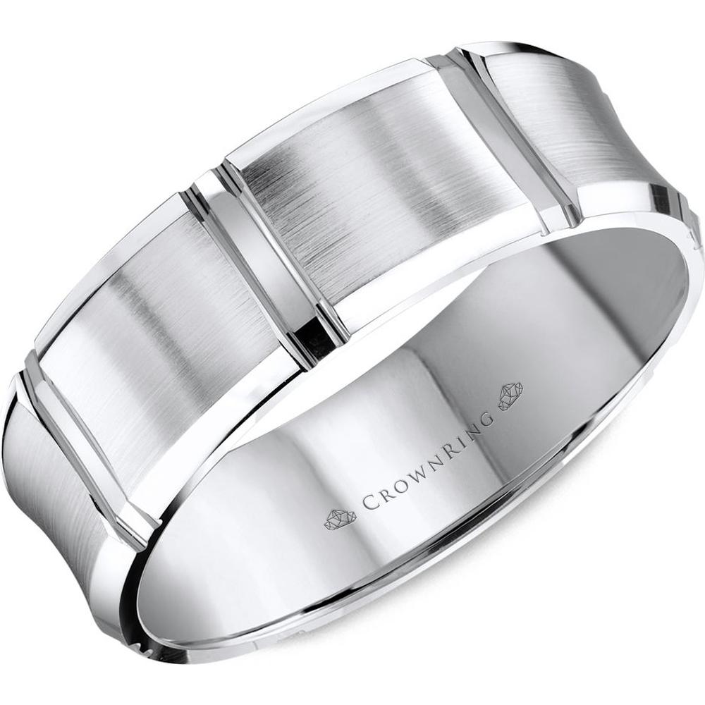 CrownRing Men's Wedding Band - Block-Patterned Design with Brushed Finish and Polished Grooves in 14K White Gold - 7mm Width from the Carved Collection