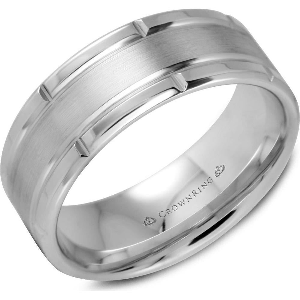 CrownRing Men's Wedding Band - Brushed Center Finish with Polished Channel Accents in 14K White Gold - 8mm Width from the Carved Collection
