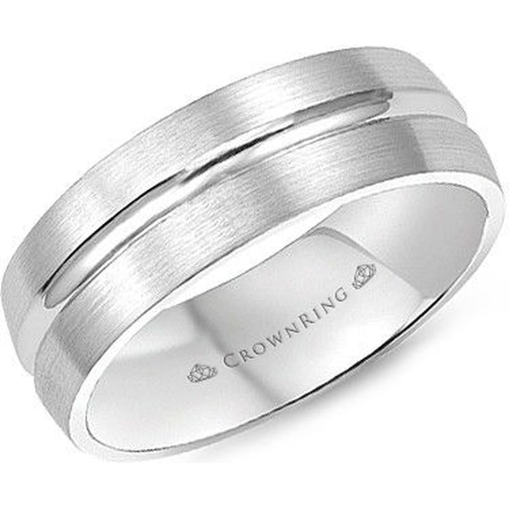 CrownRing Men's Wedding Band - Brushed Center Groove Band with Polished Edges in 14K White Gold - 7mm Width from the Classic Collection
