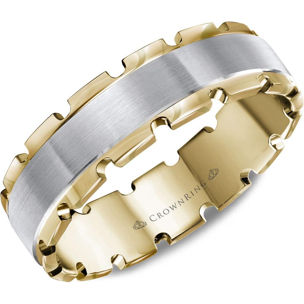 CrownRing Men's Wedding Band - Brushed Center with Geometric Notched Edge Detailing in 14K Yellow and White Gold - 6mm Width from the Carved Collection