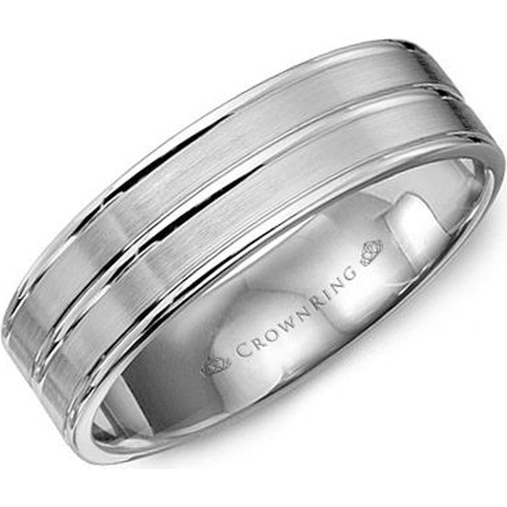 CrownRing Men's Wedding Band - Brushed Center with High Polish Edges and Triple Grooves in 14K White Gold - 6mm Width from the Classic Collection