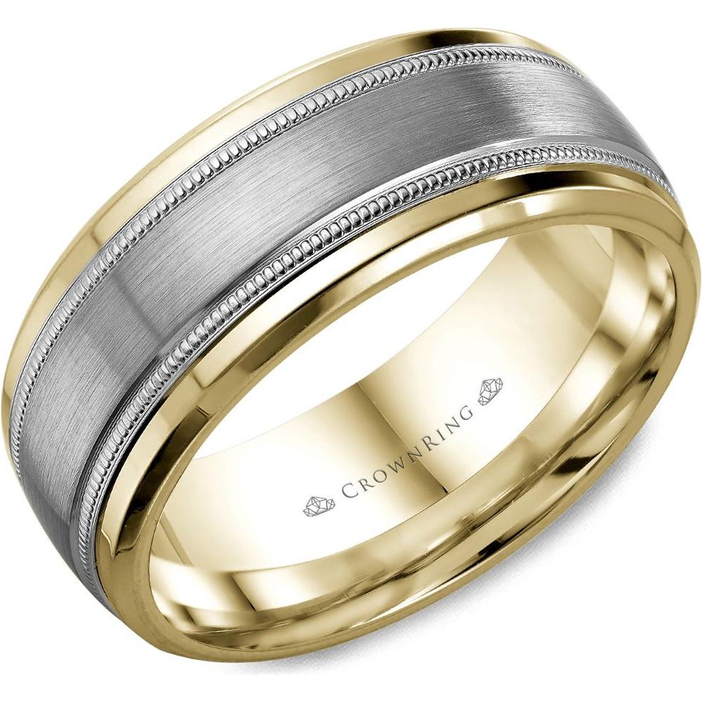 CrownRing Men's Wedding Band - Brushed Center with Milgrain Detailing and Polished Edges in 14K White Gold and Yellow Gold - 8mm Width from the Classic Collection