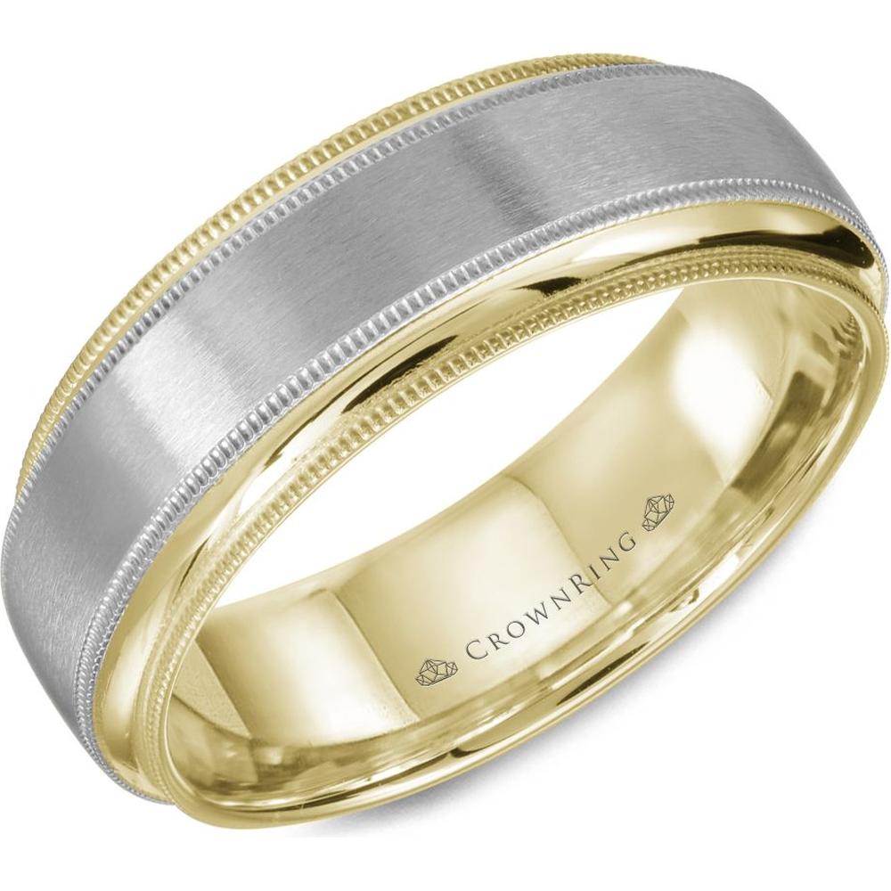 CrownRing Men's Wedding Band - Brushed Center with Milgrain Detailing in 14K White Gold and Yellow Gold - 7mm Width from the Classic Collection
