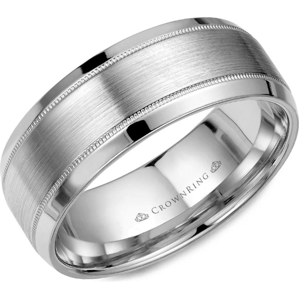 CrownRing Men's Wedding Band - Brushed Center with Milgrain Detailing Polished Edges in 14K White Gold - 8mm Width from the Classic Collection