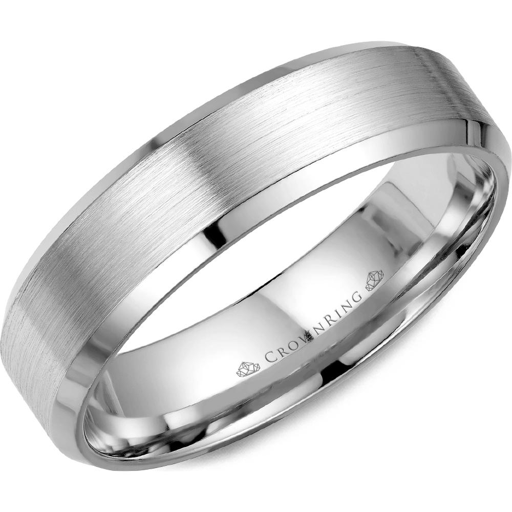 CrownRing Men's Wedding Band - Brushed Center with Polished Beveled Edges in 14K Light Version White Gold - 6mm Width from the Classic Collection