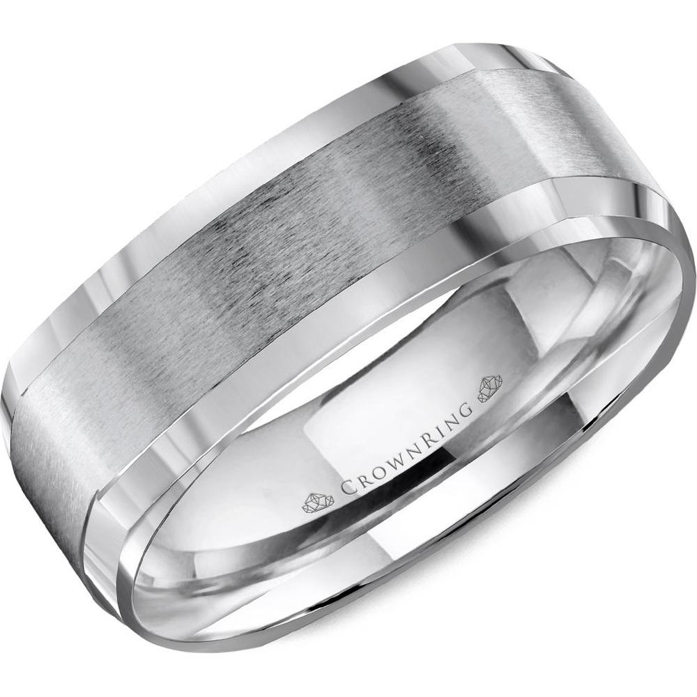 CrownRing Men's Wedding Band - Brushed Center with Polished Beveled Edges in 14K White Gold - 7mm Width from the Classic Collection