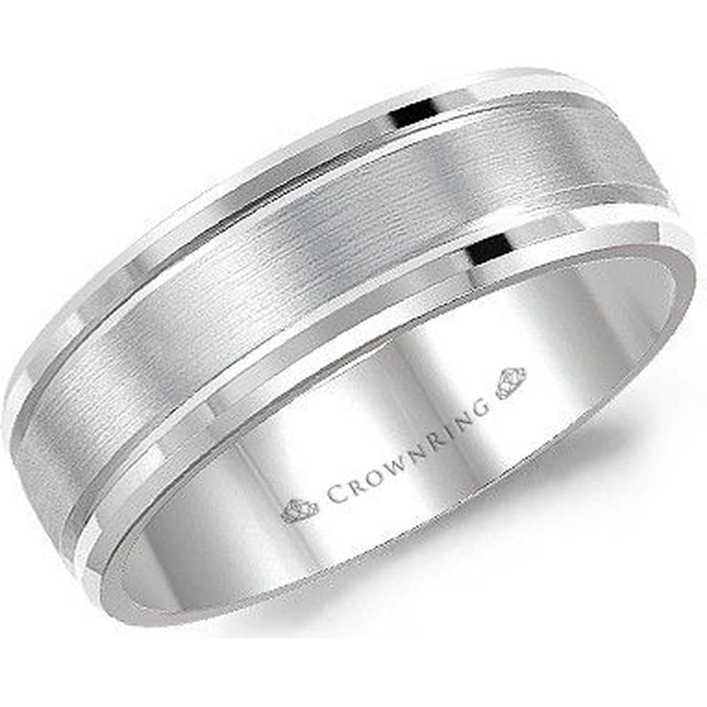 CrownRing Men's Wedding Band - Brushed Center with Polished Edges and Dual Grooves in 14K White Gold - 7mm Width from the Classic Collection