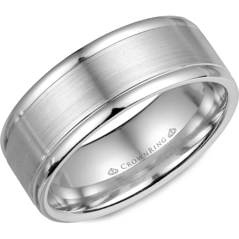 CrownRing Men's Wedding Band - Brushed Center with Polished Edges Detailing in 14K White Gold - 8mm Width from the Classic Collection