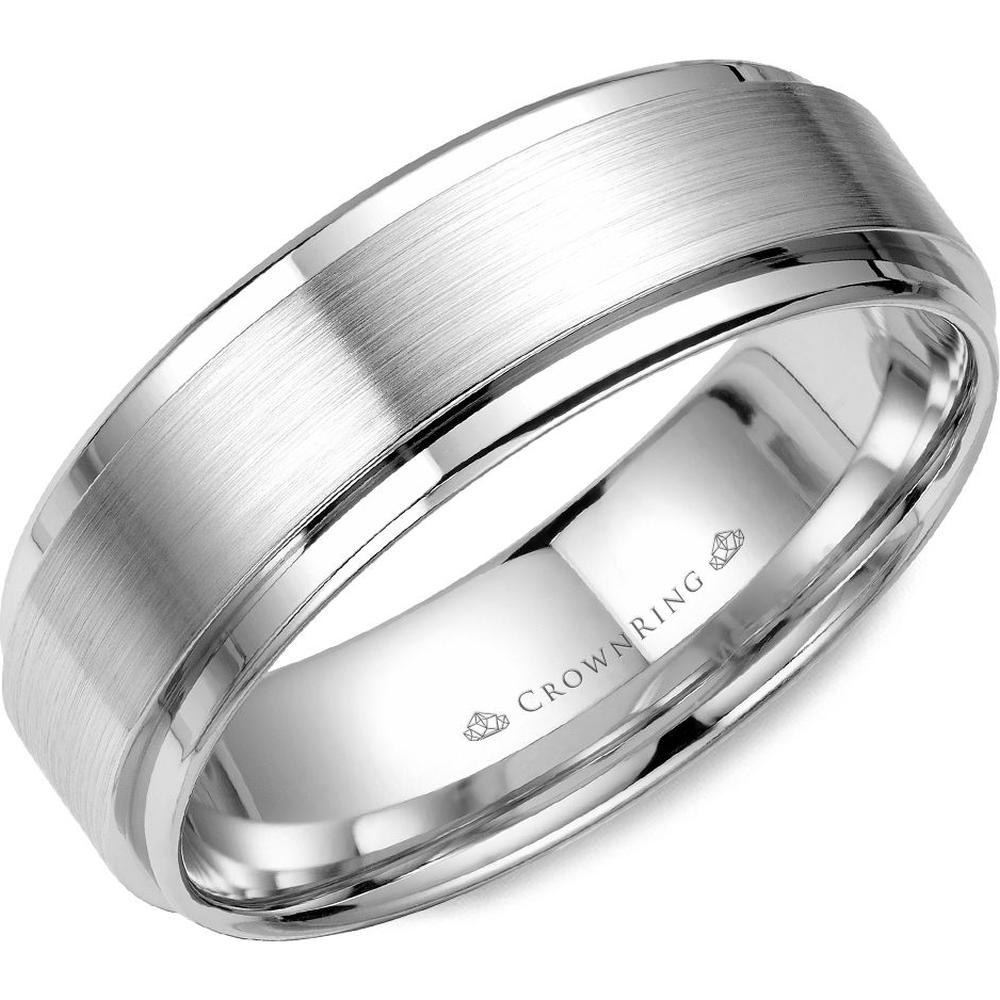 CrownRing Men's Wedding Band - Brushed Center with Polished Edges in 14K White Gold - 7mm Width from the Classic Collection