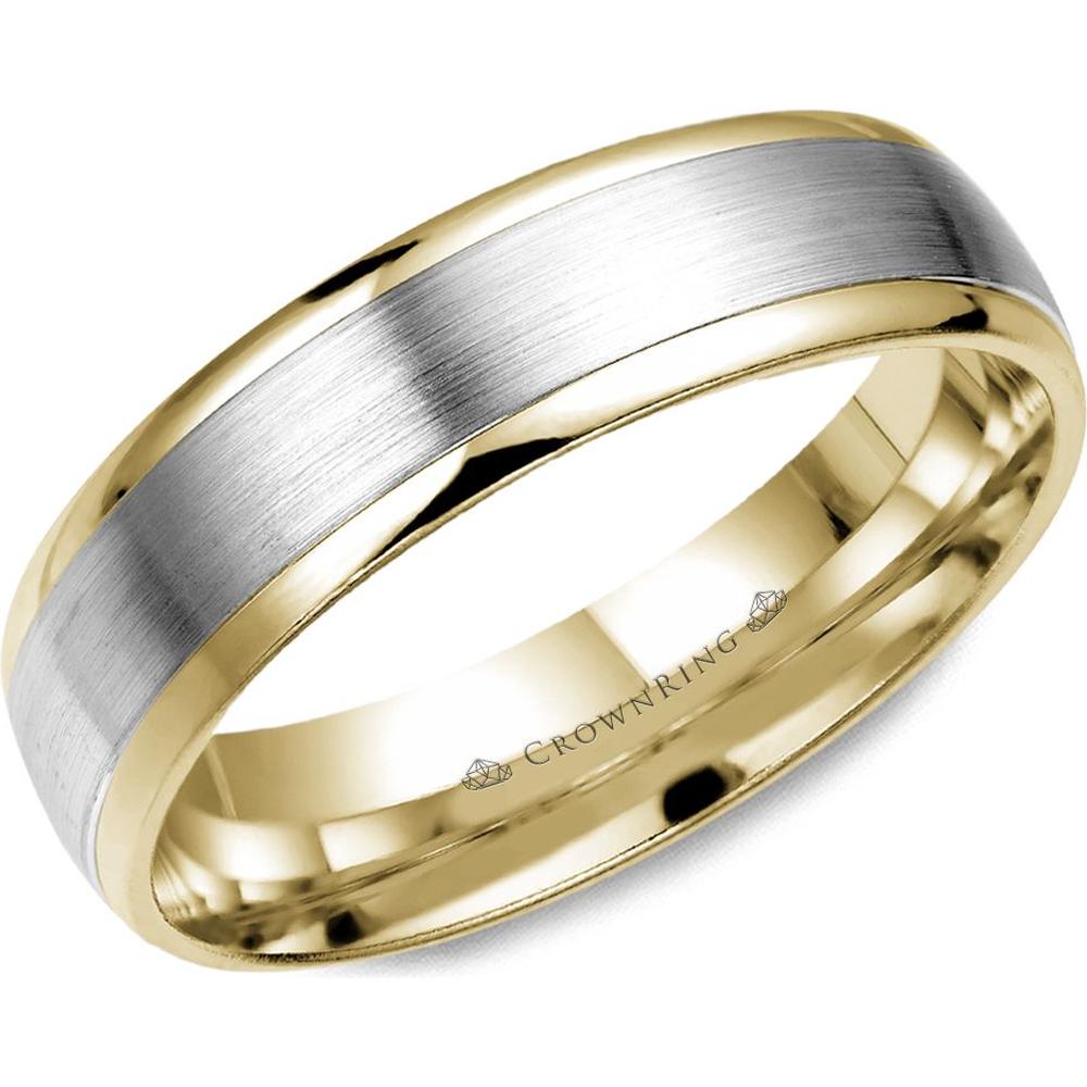 CrownRing Men's Wedding Band - Brushed Center with Polished Edges in 14K White Gold and Yellow Gold - 5mm Width from the Classic Collection