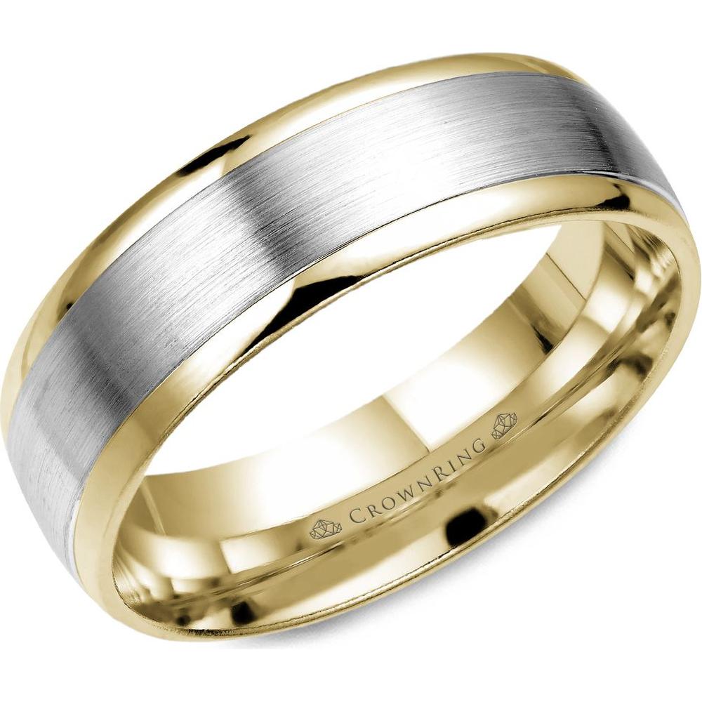 CrownRing Men's Wedding Band - Brushed Center with Polished Edges in 14K White Gold and Yellow Gold - 7mm Width from the Classic Collection