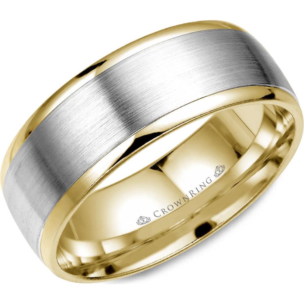 CrownRing Men's Wedding Band - Brushed Center with Polished Edges in 14K White Gold and Yellow Gold - 8mm Width from the Classic Collection