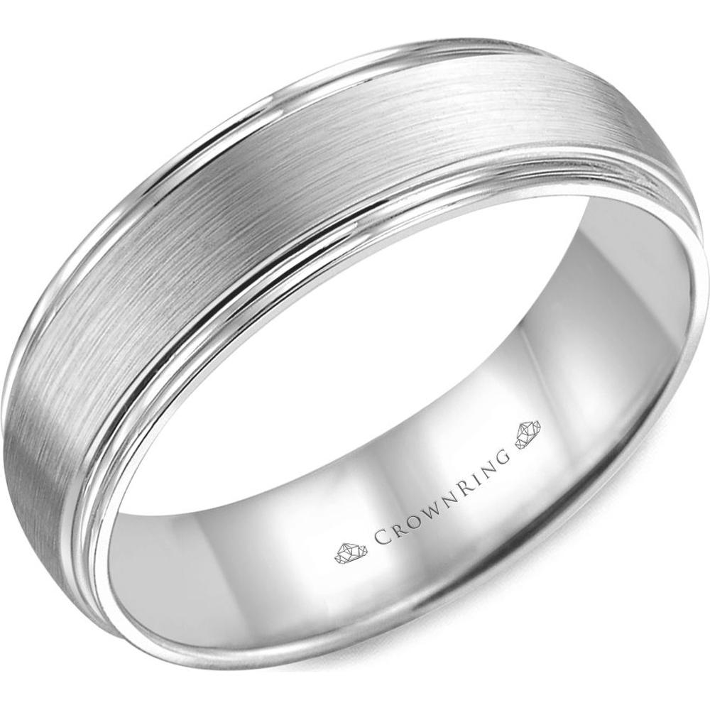 CrownRing Men's Wedding Band - Brushed Center with Polished Grooved Edges in 14K Light Version White Gold - 7.5mm Width from the Classic Collection