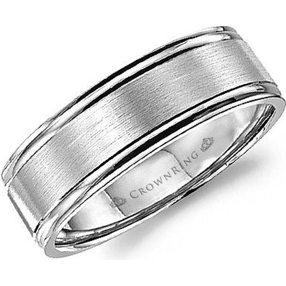 CrownRing Men's Wedding Band - Brushed Center with Polished Grooved Edges in 14K White Gold - 6mm Width from the Classic Collection