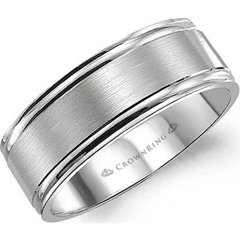 CrownRing Men's Wedding Band - Brushed Center with Polished Grooved Edges in 14K White Gold - 8mm Width from the Classic Collection