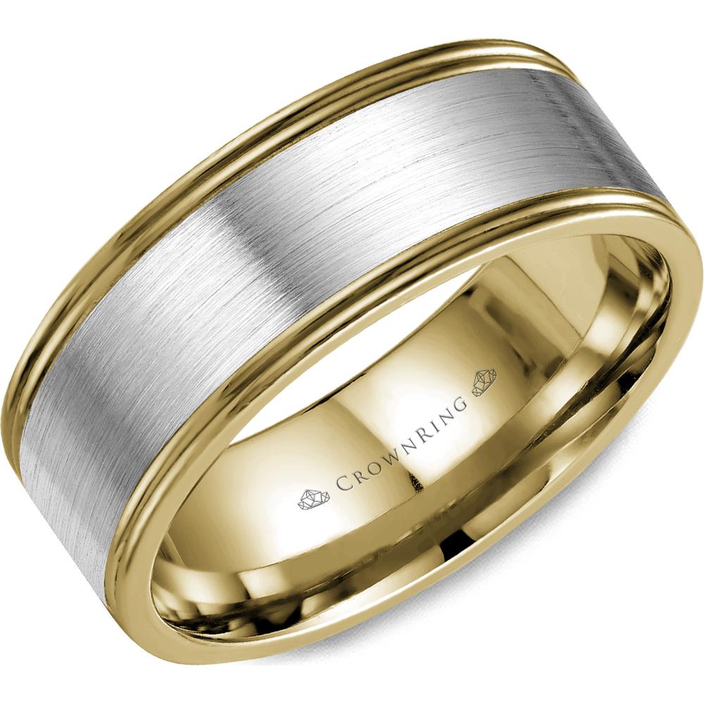 CrownRing Men's Wedding Band - Brushed Center with Polished Grooved Edges in 14K White Gold and Yellow Gold - 7mm Width from the Classic Collection