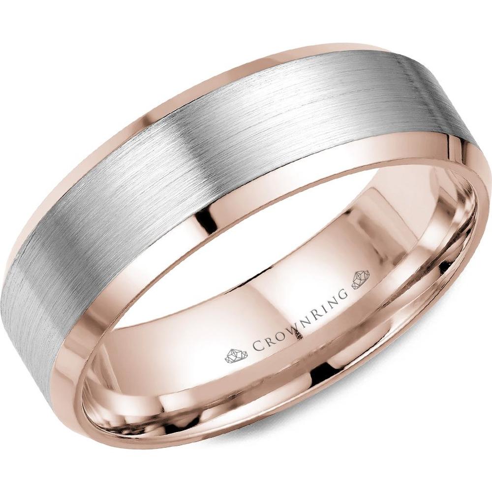CrownRing Men's Wedding Band - Brushed Center with Polished Rose Gold Edges  in 14K White Gold and Rose Gold - 7mm Width from the Classic Collection