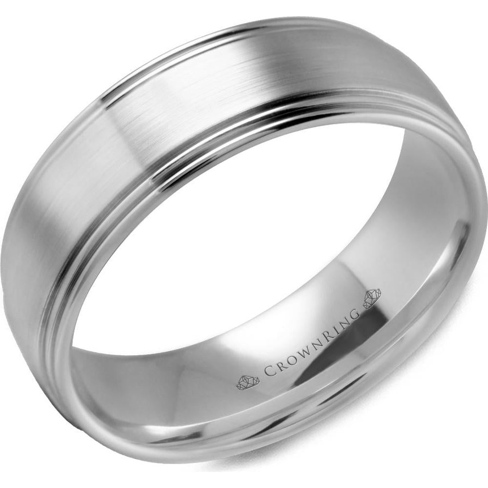 CrownRing Men's Wedding Band - Brushed Center with Polished Stepped Edges  in 14K White Gold - 7mm Width from the Classic Collection