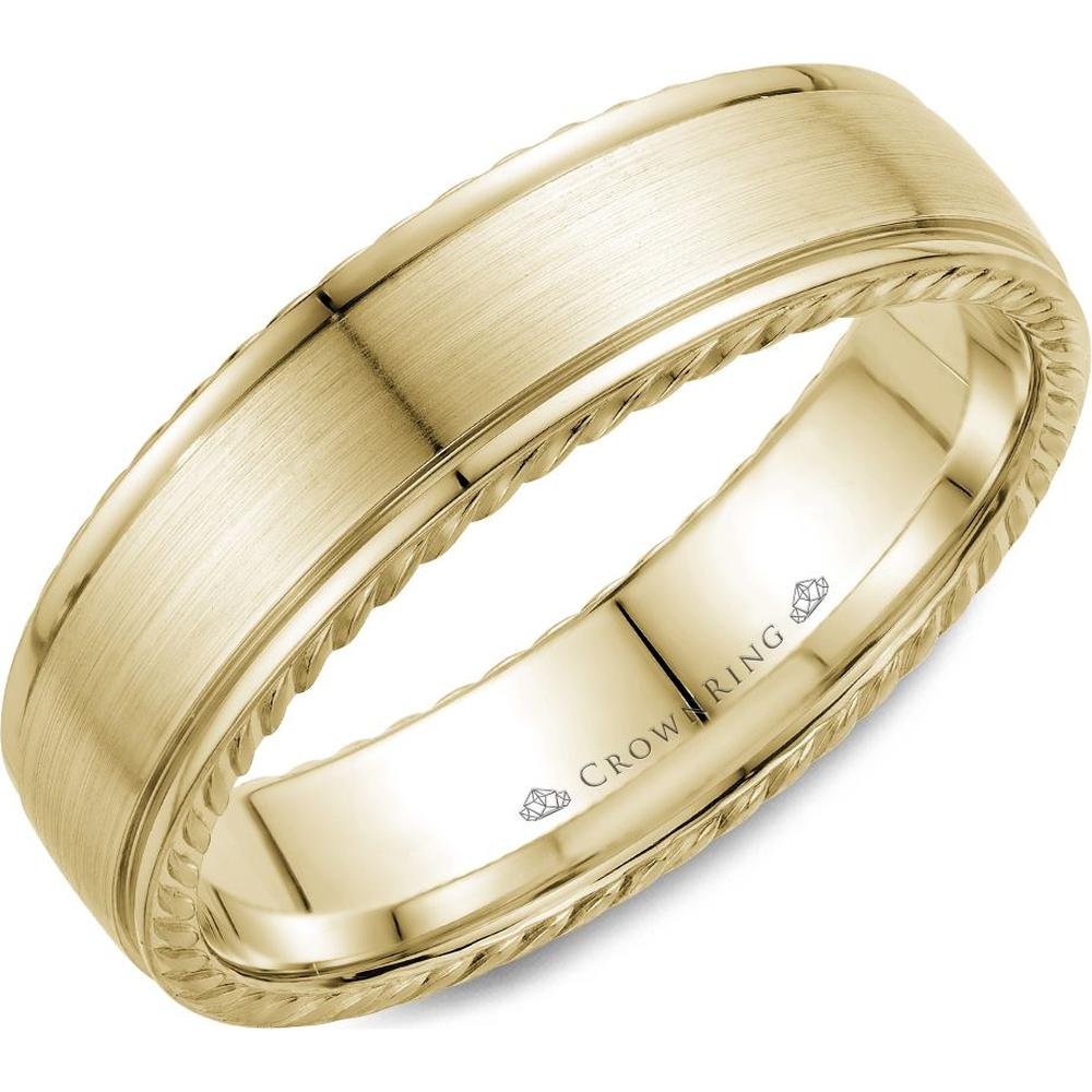 CrownRing Men's Wedding Band - Brushed Center with Rope-Edge Design in 14K Yellow Gold - 6mm Width from the Carved Collection