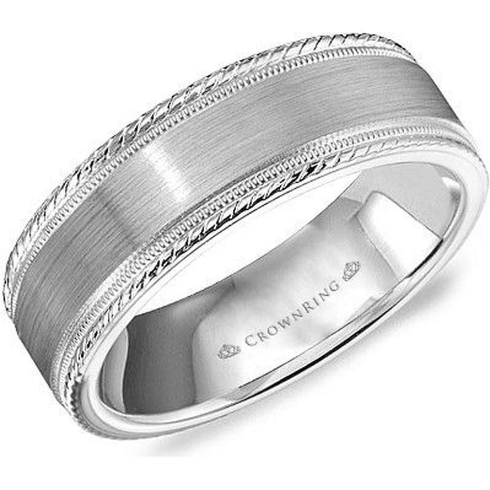 CrownRing Men's Wedding Band - Brushed Center with Rope Edges and Polished Finish in 14K White Gold - 7mm Width from the Classic Collection