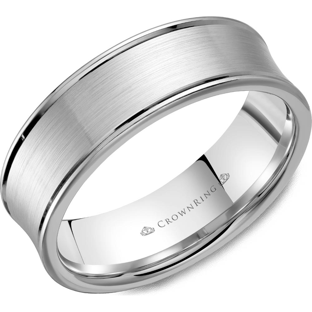 CrownRing Men's Wedding Band - Brushed Concave Center with Polished Grooved Edges in 14K Light Version White Gold - 7.5mm Width from the Classic Collection