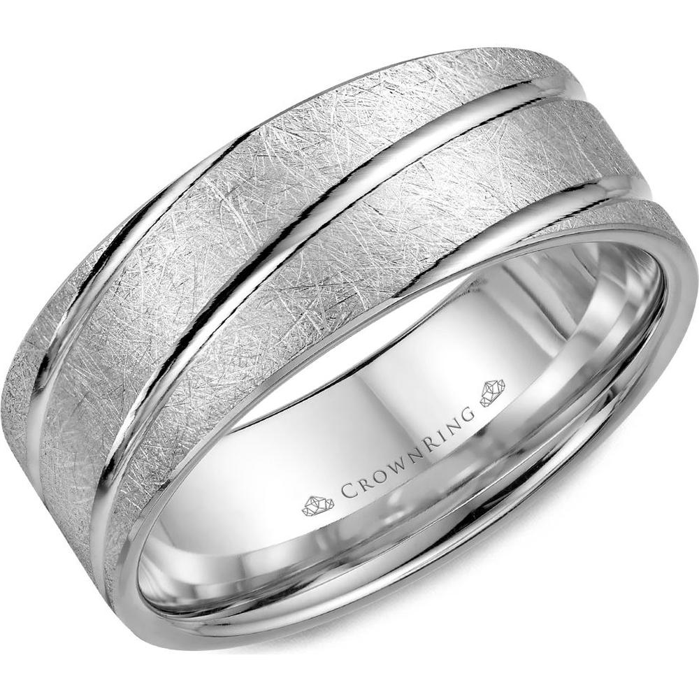 CrownRing Men's Wedding Band - Brushed Criss-Cross Finish with Polished Double Grooves in 14K White Gold - 8mm Width from the Carved Collection