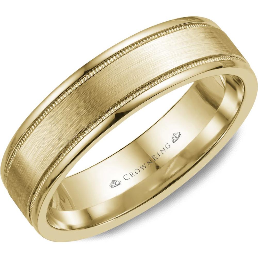 CrownRing Men's Wedding Band - Brushed Finish Center with Milgrain Detailing in 14K Yellow Gold - 6mm Width from the Classic Collection