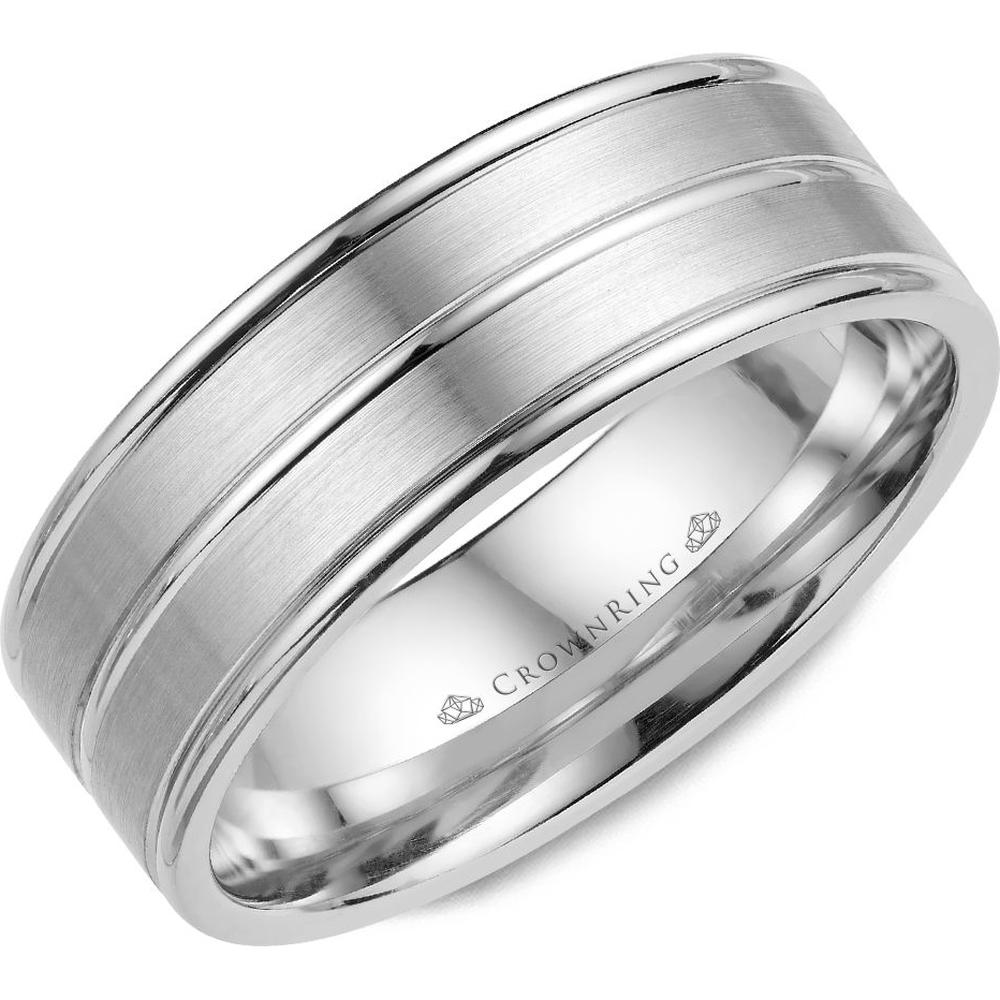 CrownRing Men's Wedding Band - Brushed Finish Double Groove Band with Polished Edges in 14K White Gold - 7mm Width from the Classic Collection