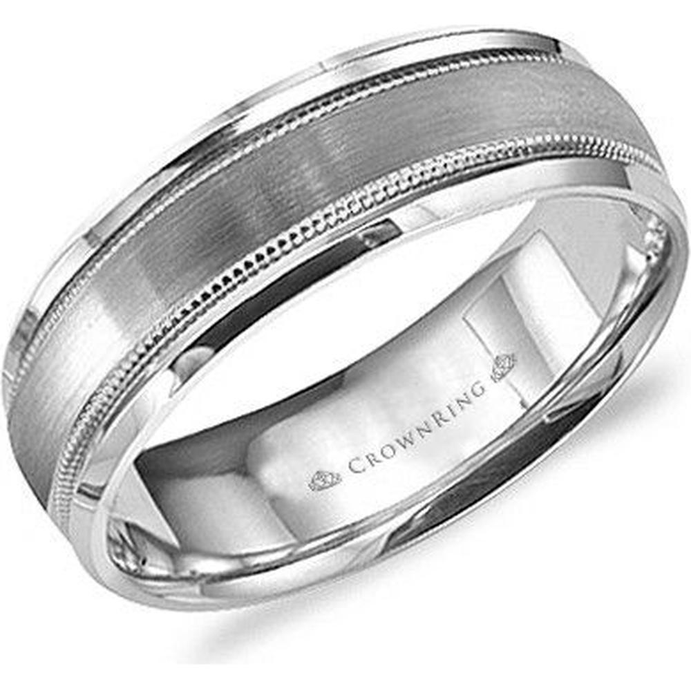 CrownRing Men's Wedding Band - Brushed Finish Matte Center with Milgrain Edge Detailing in 14K White Gold - 8mm Width from the Classic Collection