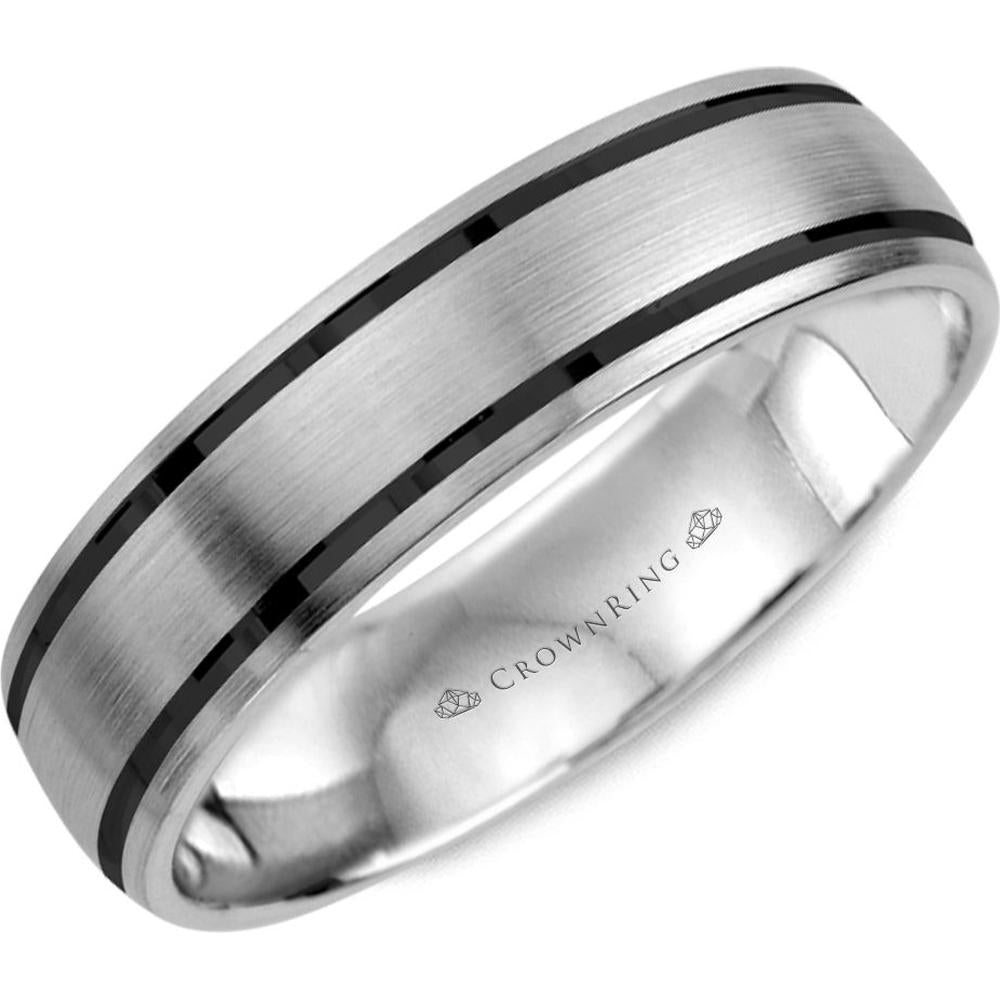 CrownRing Men's Wedding Band - Brushed Finish with Double Black Grooved Detailing in 14K Light Version White Gold - 5.5mm Width from the Classic Collection
