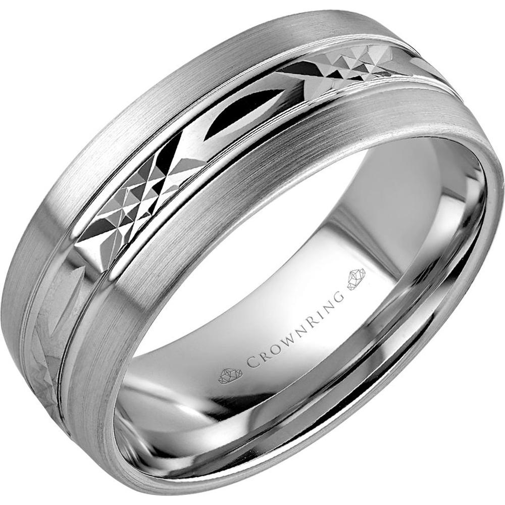 CrownRing Men's Wedding Band - Brushed Finish with Geometric Polished Inlay in 14K White Gold - 8mm Width from the Carved Collection