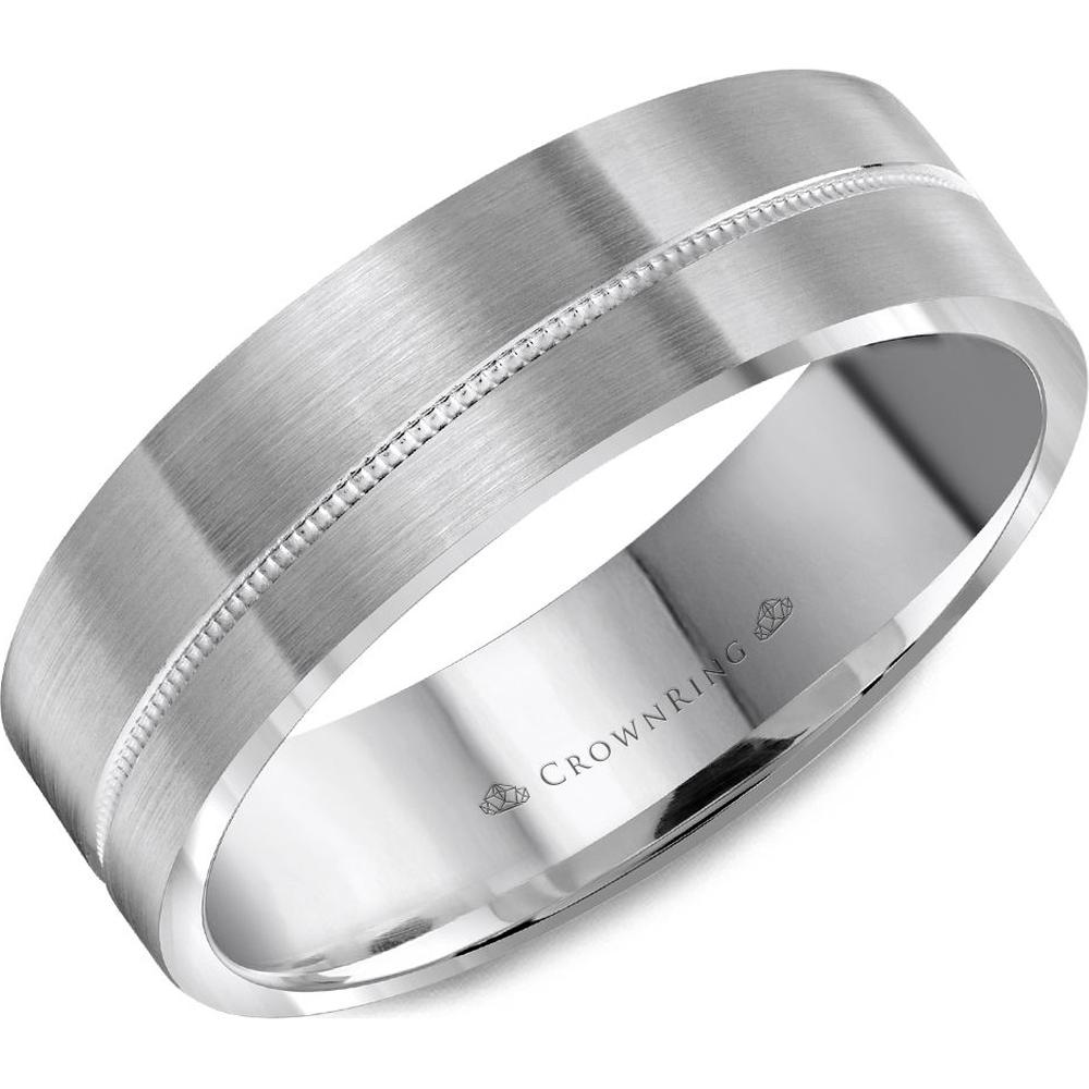 CrownRing Men's Wedding Band - Brushed Finish with Milgrain Center Accent in 14K White Gold - 6mm Width from the Carved Collection