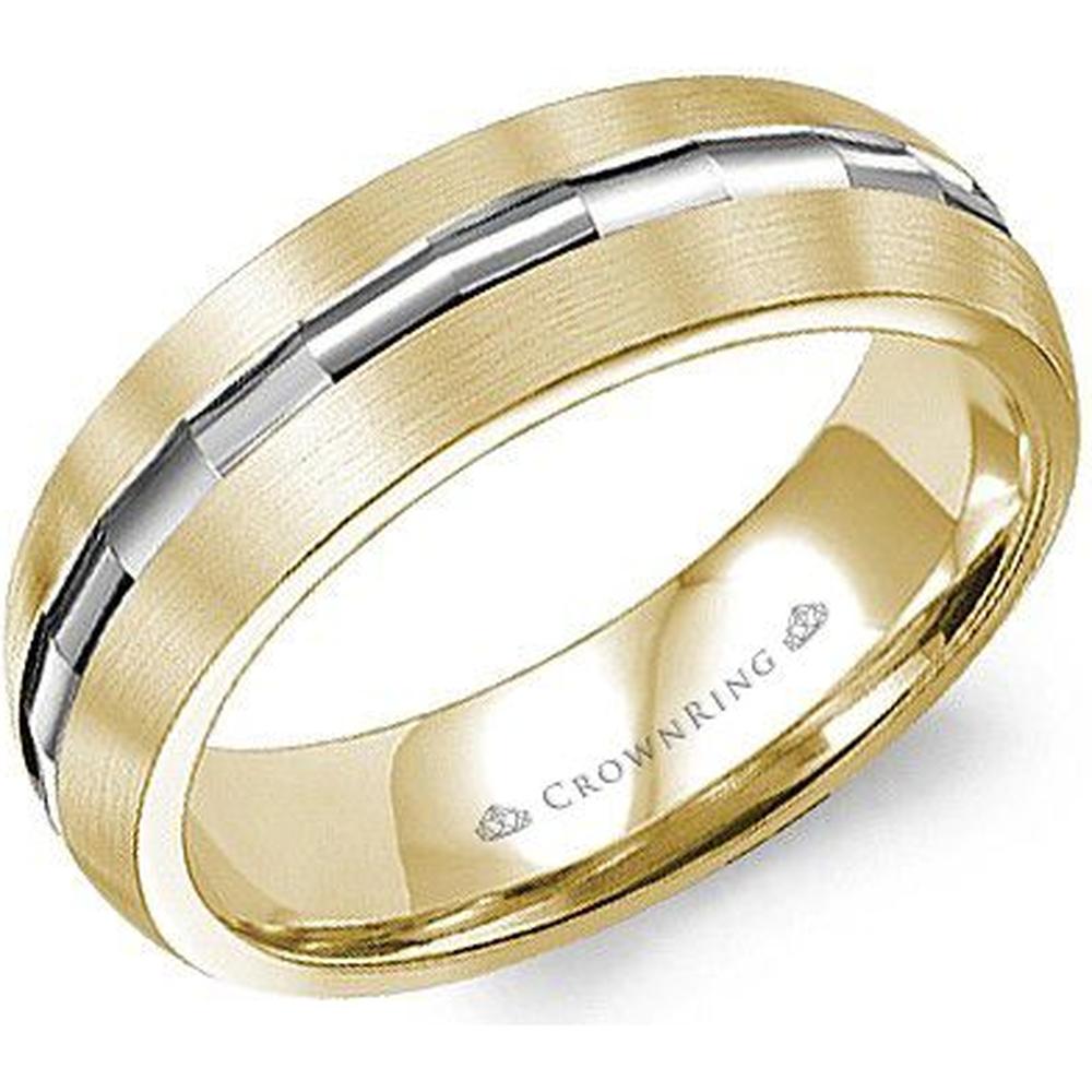 CrownRing Men's Wedding Band - Brushed Finish with Polished Center Accent in 14K Yellow and White Gold - 6mm Width from the Carved Collection