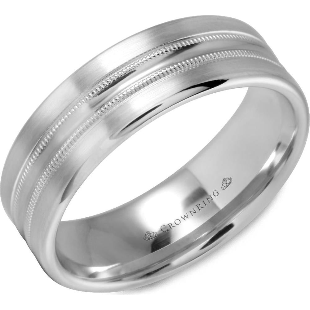 CrownRing Men's Wedding Band - Brushed Finish with Polished Double Milgrain Detailing in 14K White Gold - 7mm Width from the Carved Collection