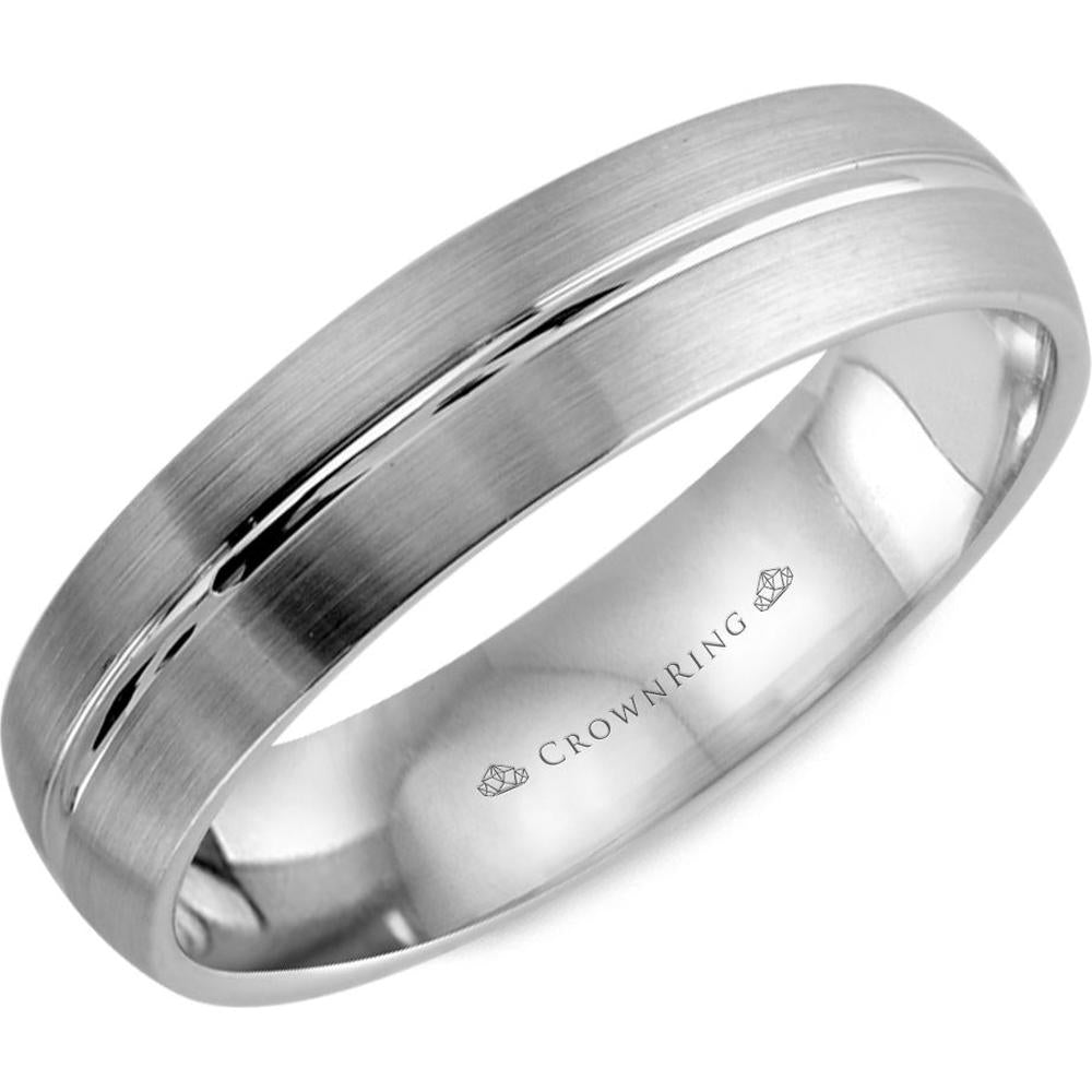 CrownRing Men's Wedding Band - Brushed Finish with Polished Groove Detailing in 14K Light Version White Gold - 5.5mm Width from the Classic Collection