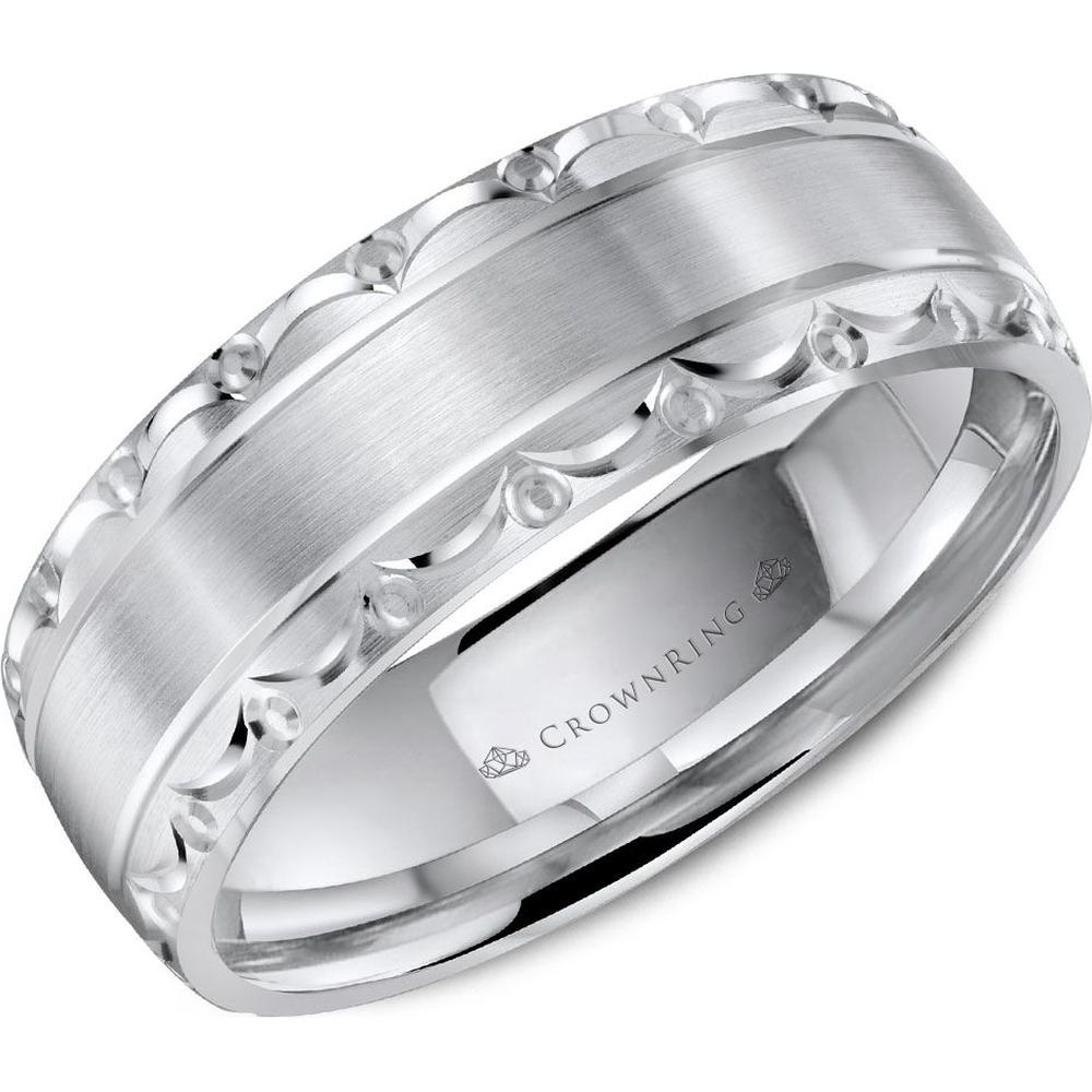 CrownRing Men's Wedding Band - Brushed Finish with Scalloped and Beaded Edge Design in 14K White Gold - 7mm Width from the Carved Collection